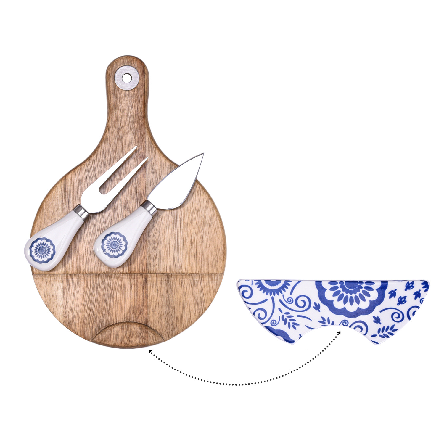 Wood and Ceramic Cheese Board Gift Set – 23.5×15.5cm Serving Board with Cutlery